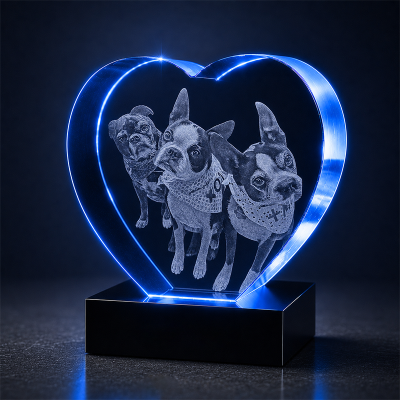 Custom 3D Crystal - Heart - Pet Crystal Gift with LED Base - Living Room Decor