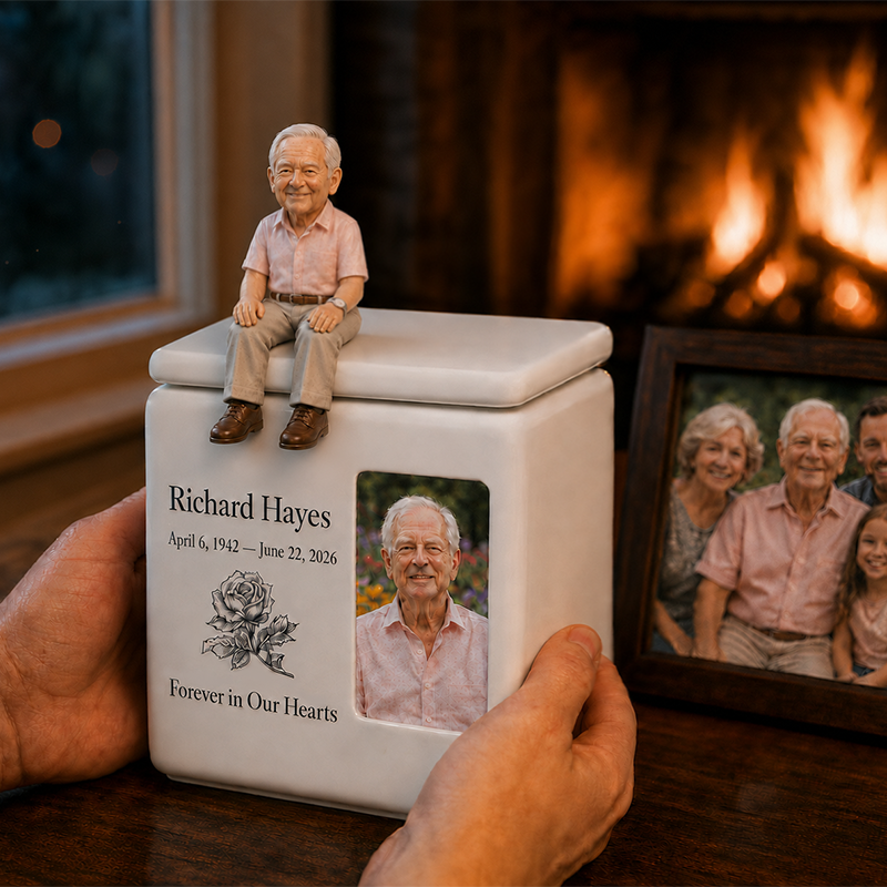 Personalized portrait urn with memorial dates