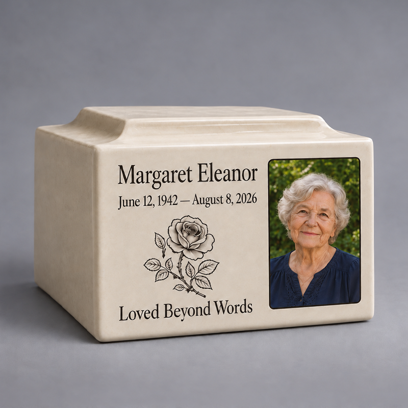 Custom Photo Urn for Human Ashes Made to Keep Their Memory Close in a Personal Ceramic Memorial Box