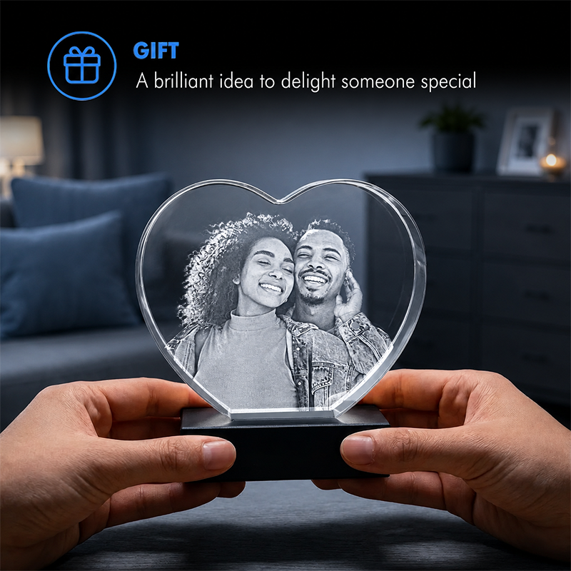 Custom 3D Crystal - Heart - Valentine's Crystal Gift with LED Base - Living Room Decor