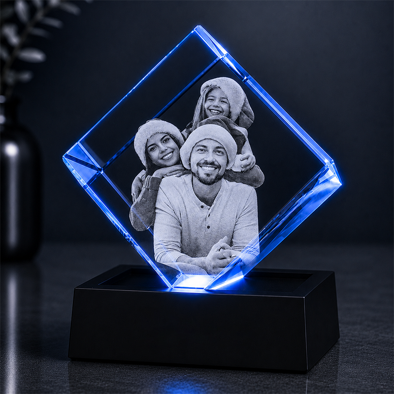 Custom 3D Crystal Photo - Cube- Christmas Family Crystal Gift - Living Room Decor