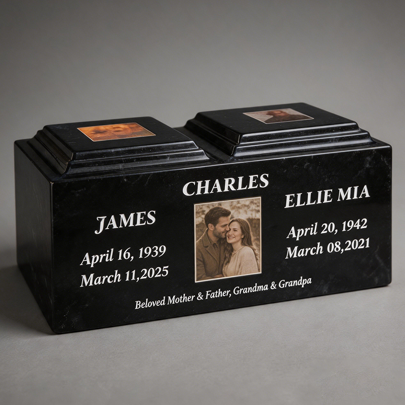 Personalized double cremation urn with photo for husband and wife