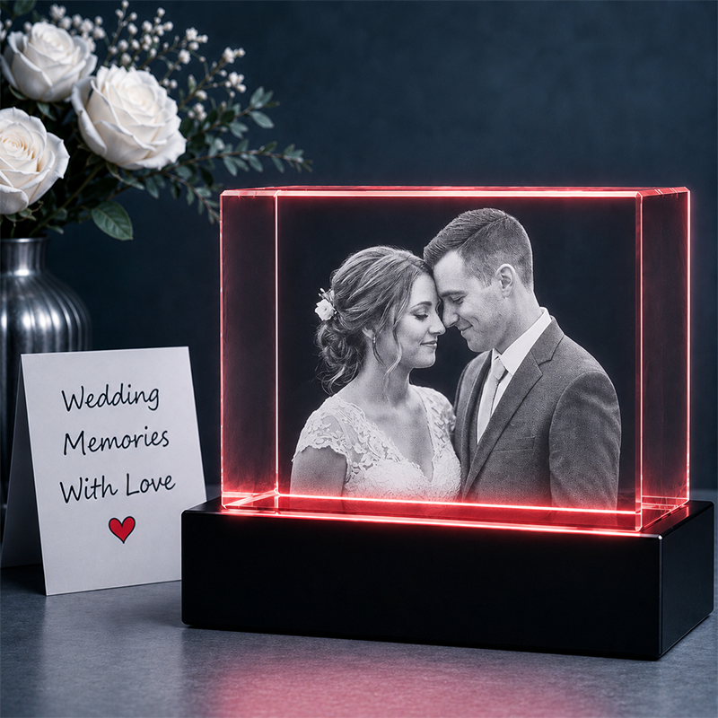 Custom 3D Crystal - Rectangle - Wedding Crystal Gift with LED Base - Living Room Decor