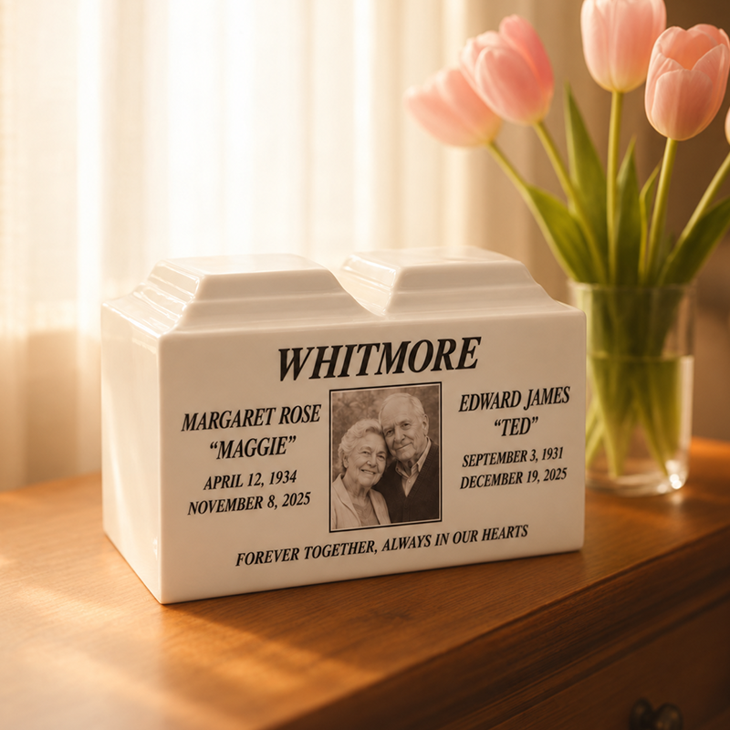 Personalized companion urn for couples with custom memorial photo
