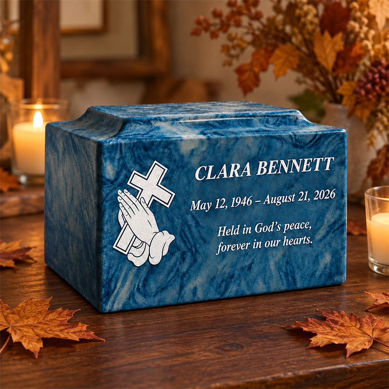 Personalized cremation urn for two loved ones with custom portrait
