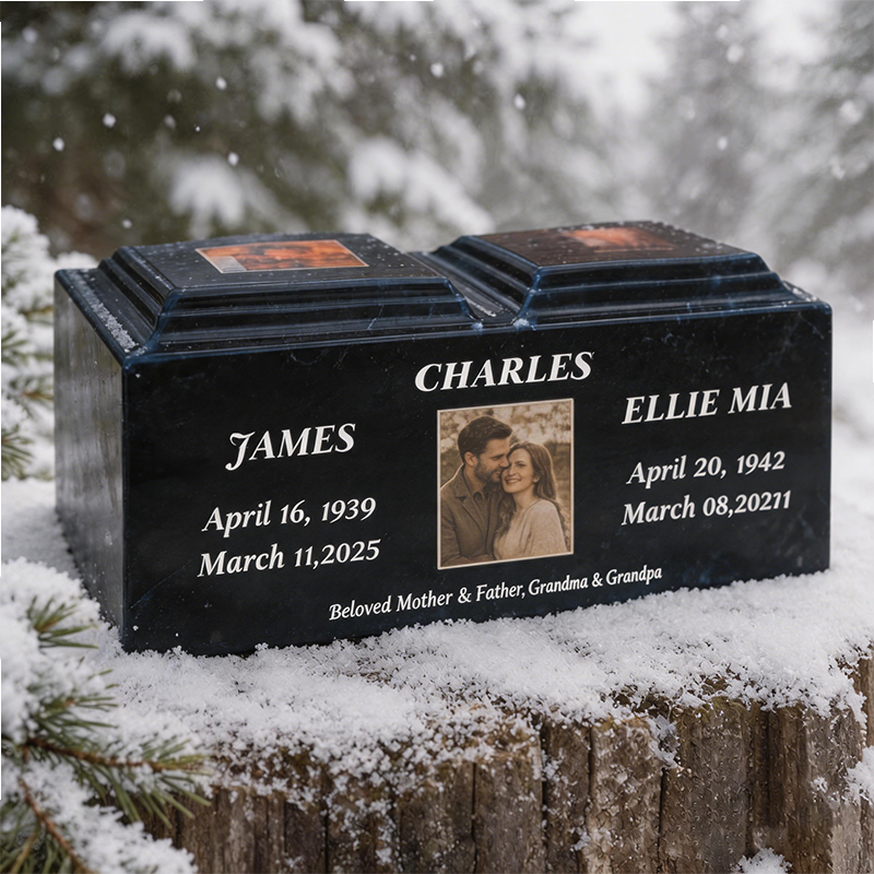 Custom urn for two people's ashes with photo names and memorial dates