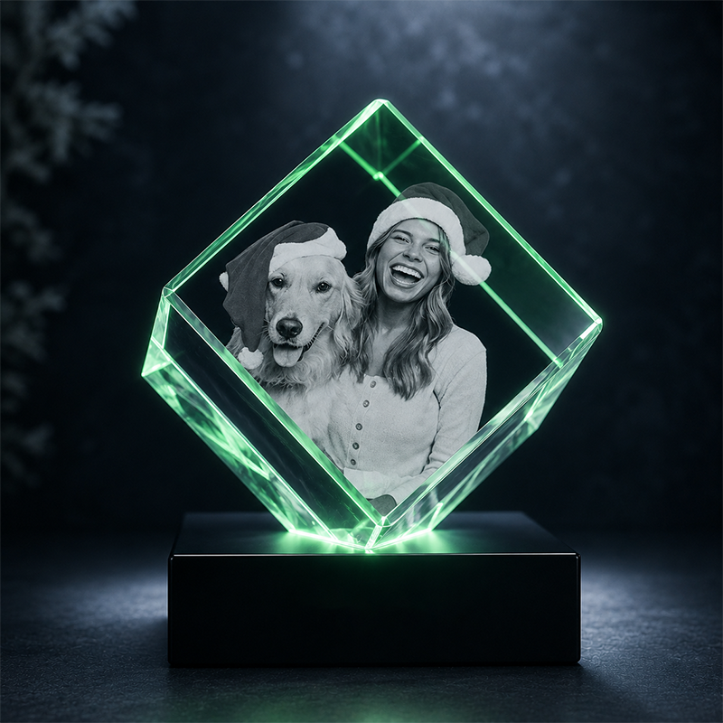 Custom 3D Crystal Photo - Cube- Christmas Family Crystal Gift - Living Room Decor