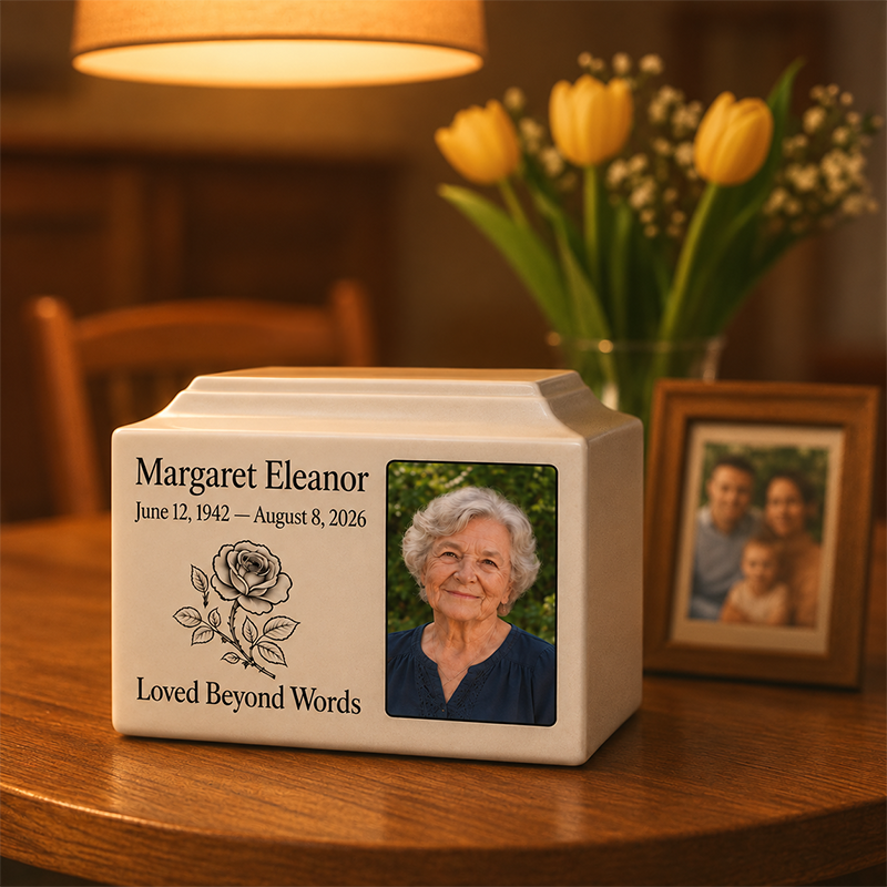 Custom Photo Urn for Human Ashes Made to Keep Their Memory Close in a Personal Ceramic Memorial Box