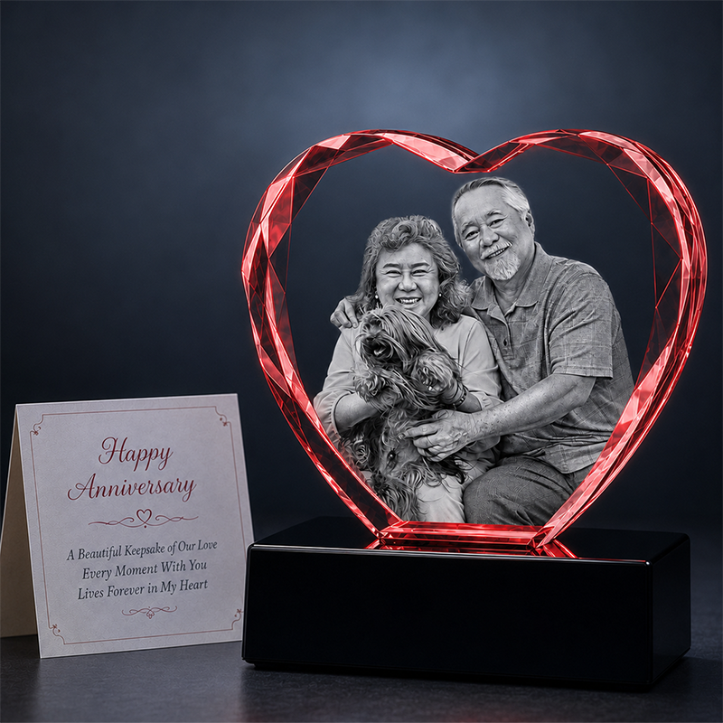 Custom 3D Crystal Photo - Faceted Heart- Romantic Anniversary Crystal Gift - Living Room Decor