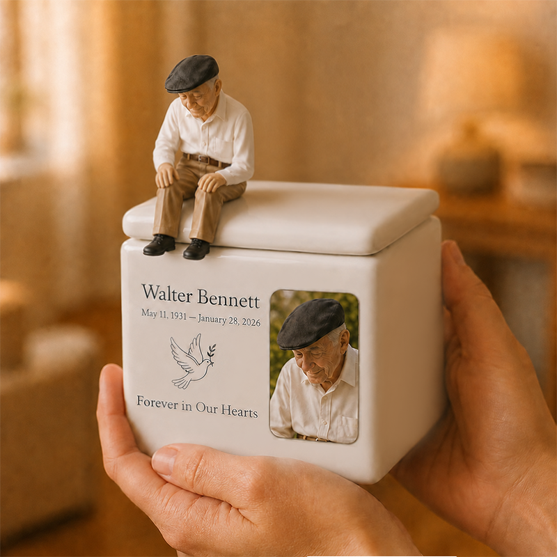 Memorial urn with personalized human portrait