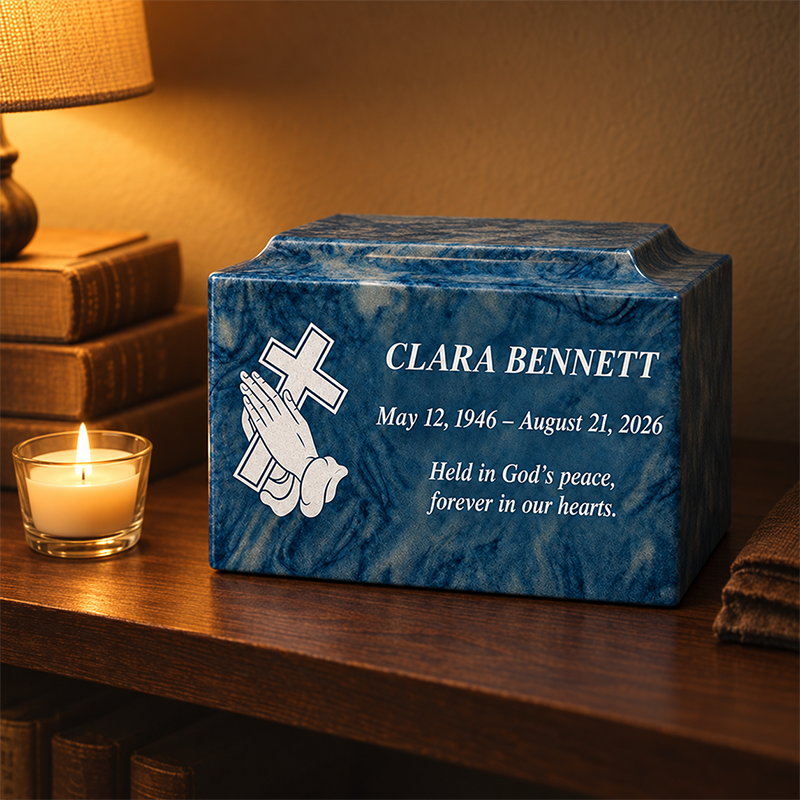 Personalized cremation urn for two loved ones with custom portrait