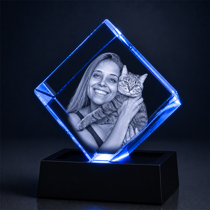 Custom 3D Pet Crystal Photo - Cube - Personalized Pet Portrait Crystal Gift - Living Room Decor