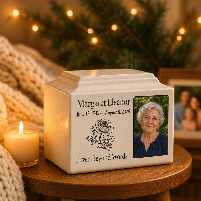 Custom Photo Urn for Human Ashes Made to Keep Their Memory Close in a Personal Ceramic Memorial Box