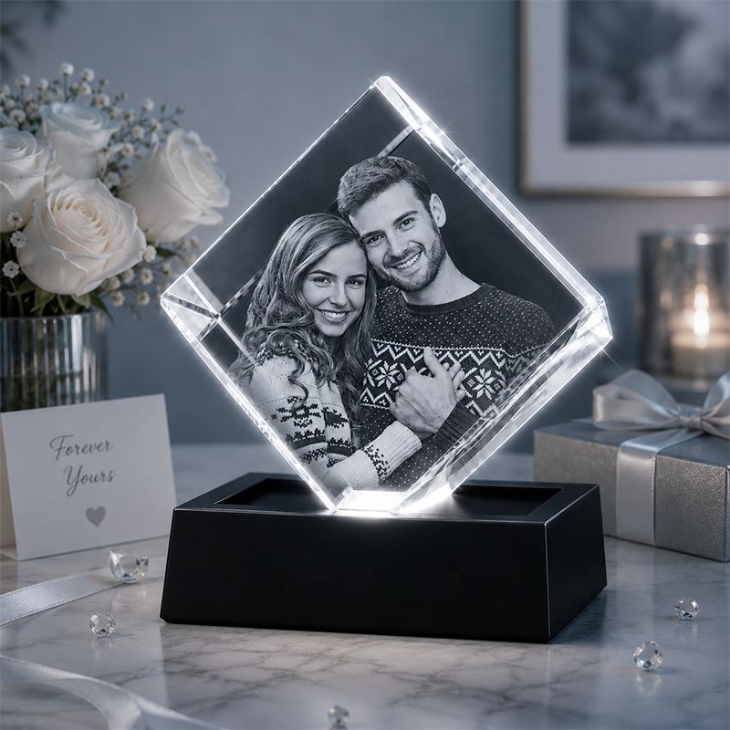 Custom 3D Crystal Photo - Cube- Romantic Anniversary Crystal Gift - Living Room Decor