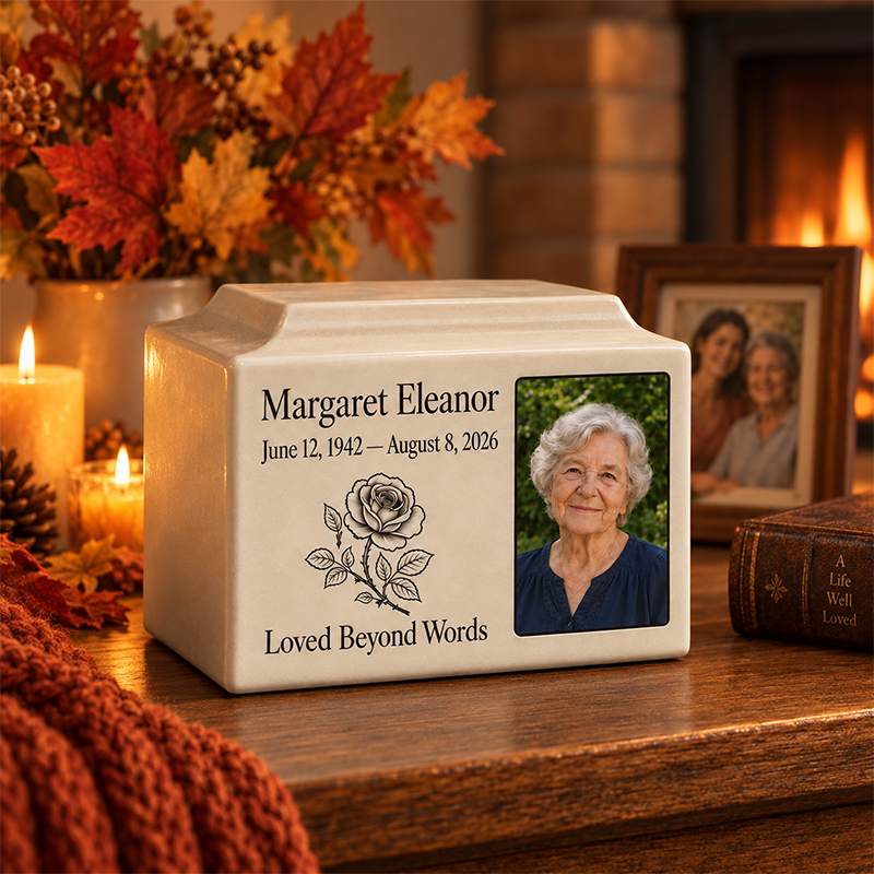 Custom Photo Urn for Human Ashes Made to Keep Their Memory Close in a Personal Ceramic Memorial Box
