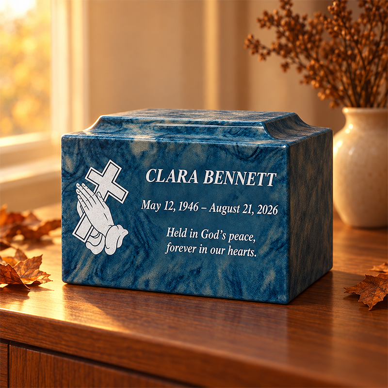 Personalized cremation urn for two loved ones with custom portrait