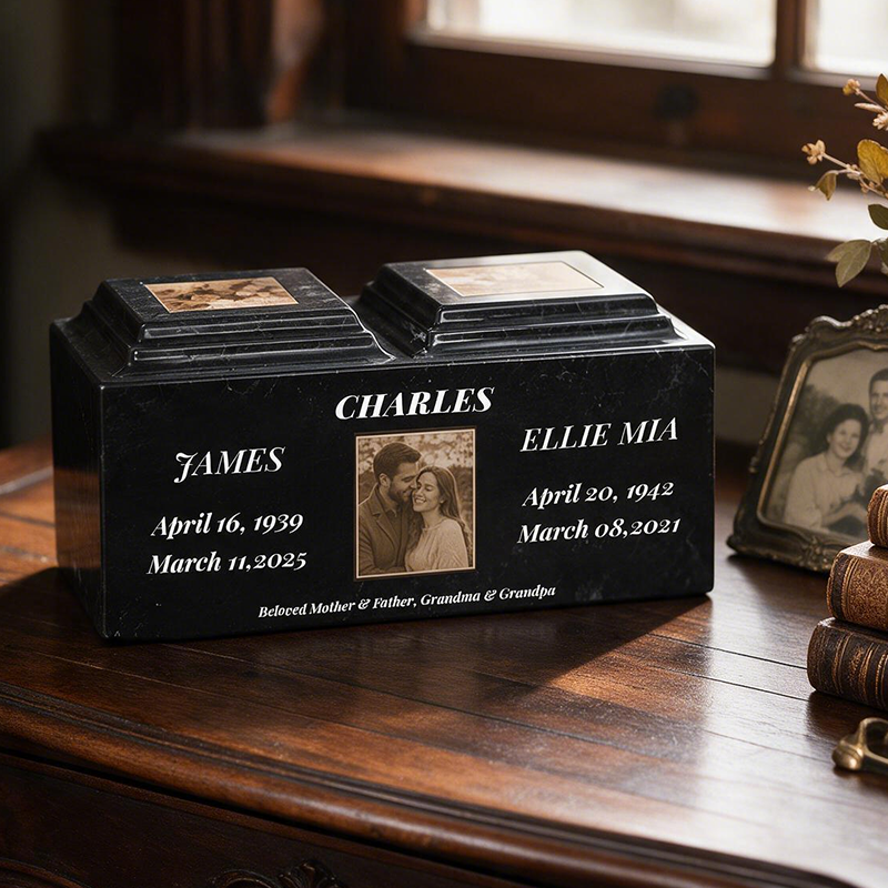 Custom double memorial urn for parents with personalized photo and dates