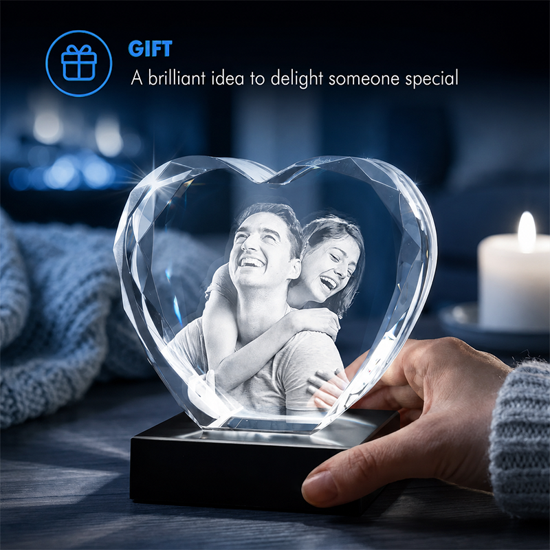 Custom 3D Crystal Photo - Faceted Heart- Christmas Crystal Gift - Living Room Decor