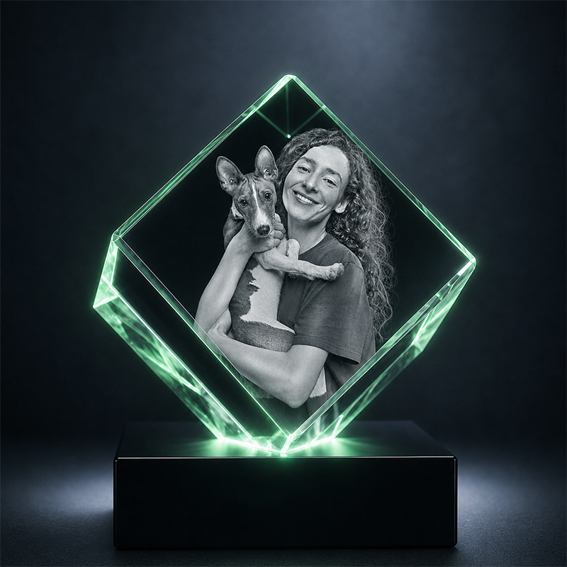 Custom 3D Pet Crystal Photo - Cube - Personalized Pet Portrait Crystal Gift - Living Room Decor