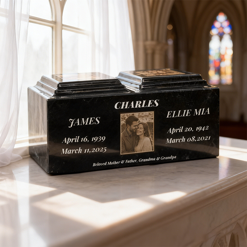 Personalized cremation urn for two loved ones with custom portrait