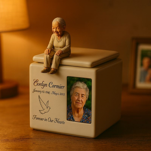 Custom urn with a handmade figure on lid, personalized photo and memorial details, ceramic design