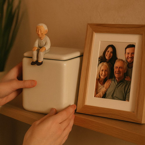 Personalized pet urn, handmade custom cremation urn with figurine, unique pet memorial keepsake on shelf