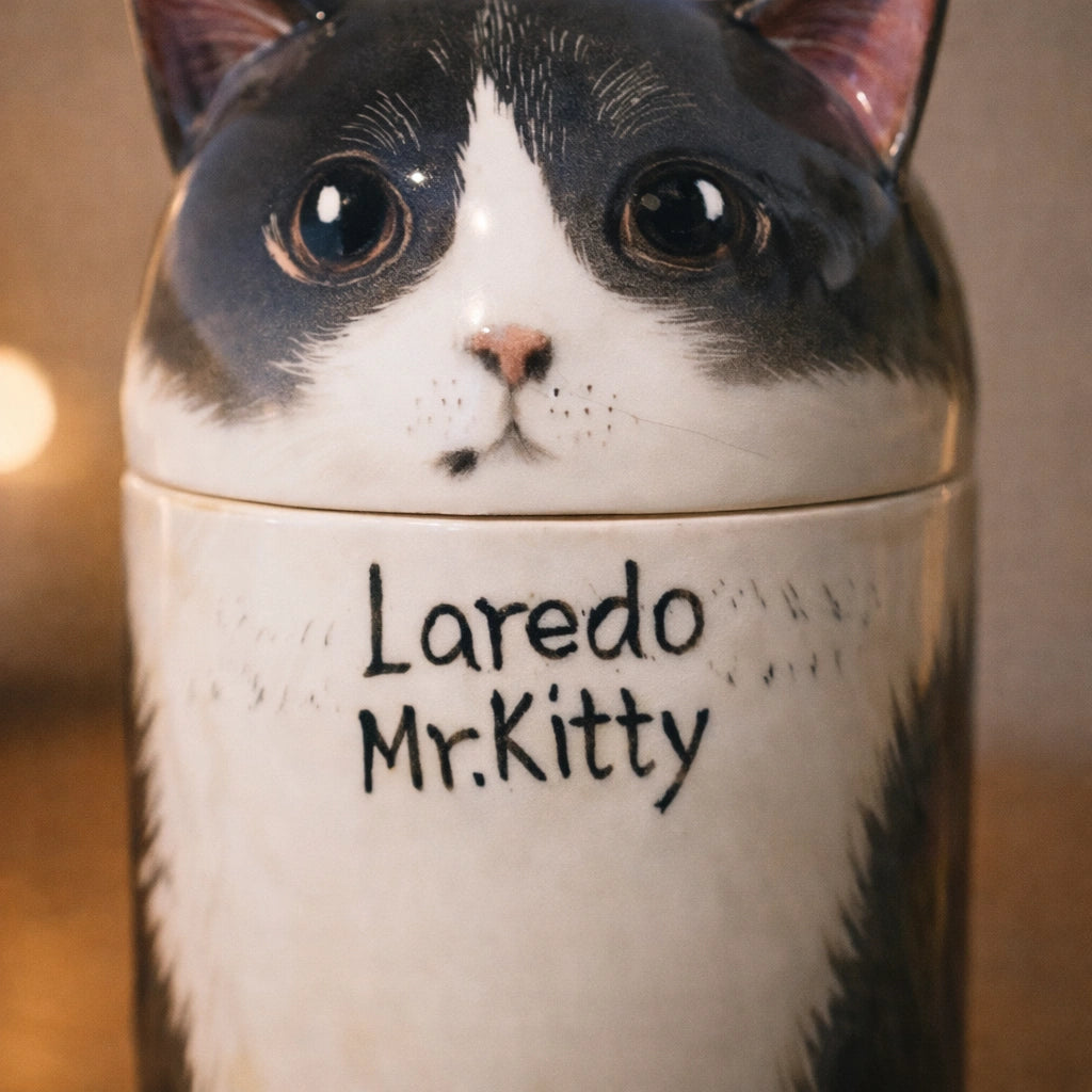 Personalized ceramic cat urn suitable for quiet interior spaces