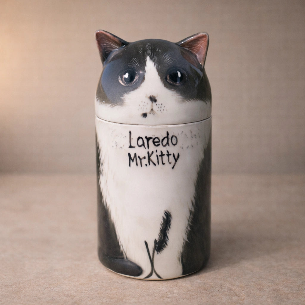 Handmade ceramic cat urn with sculpted ears and neutral expression