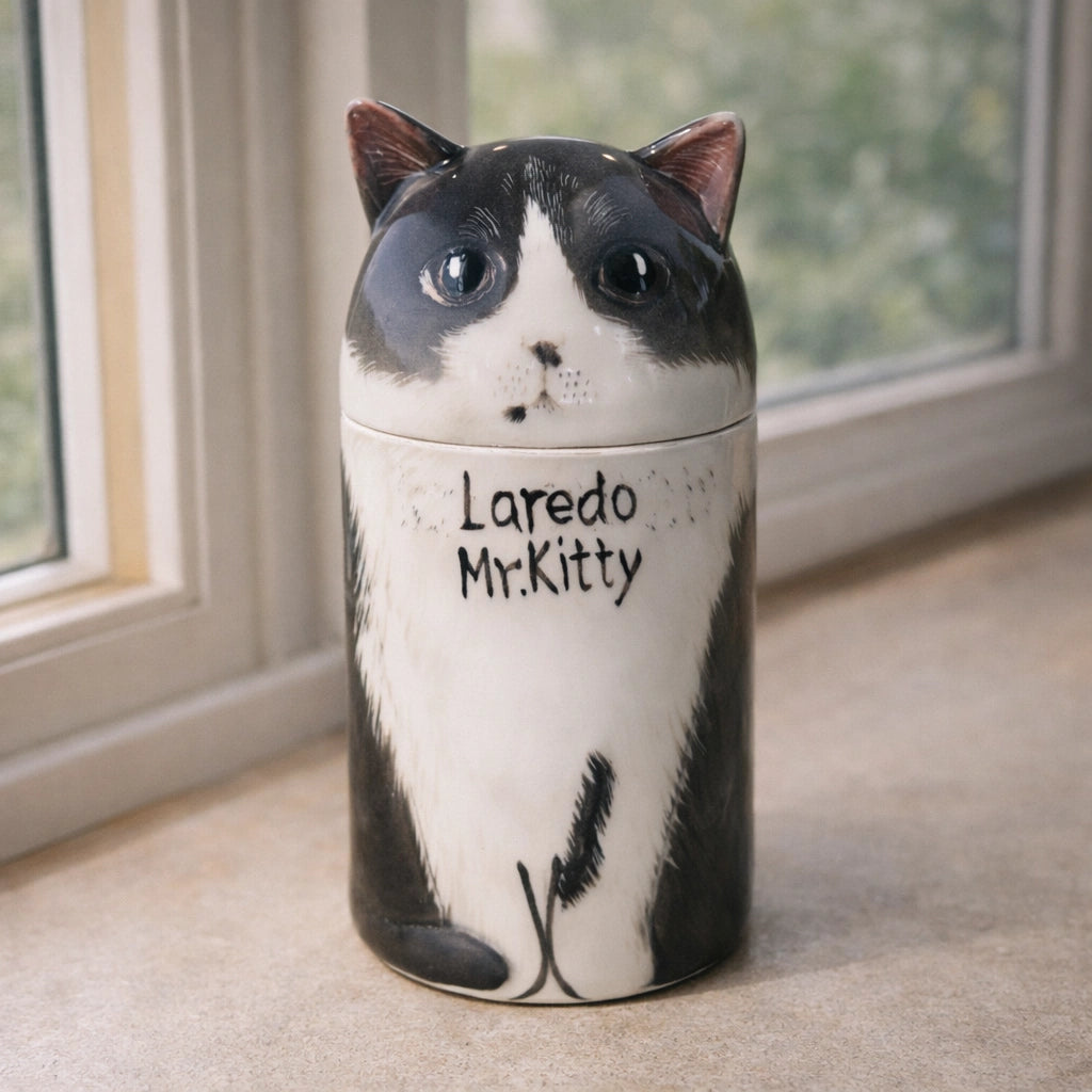 Cat-shaped container with 'Laredo Mr. Kitty' text on a carpeted floor.