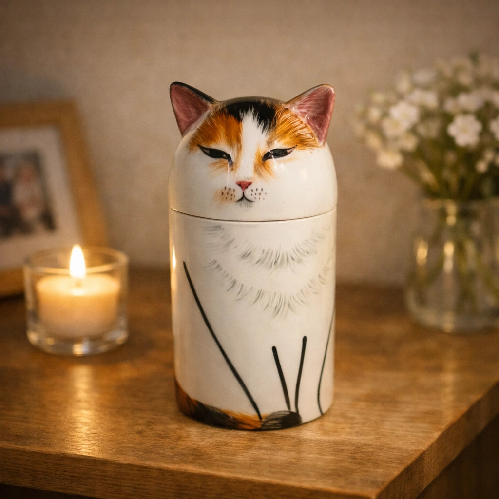 White ceramic cat urn with sculpted feline face and hand painted details