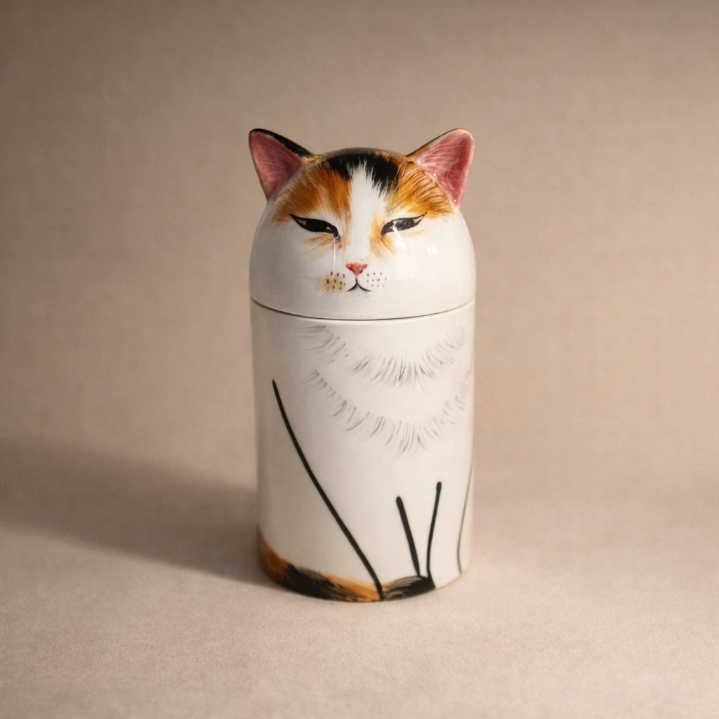 Custom ceramic pet urn for cats photographed in neutral light