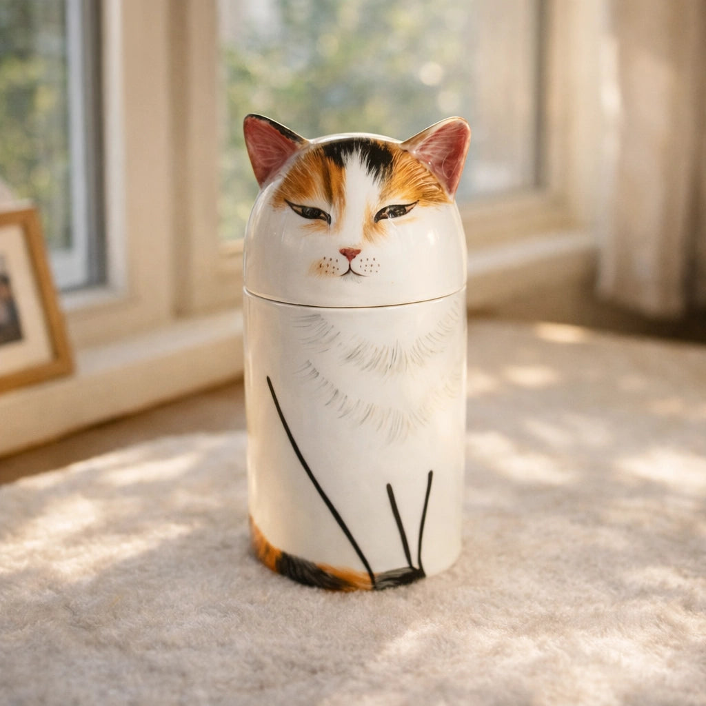 Personalized ceramic cat urn suitable for interior living spaces