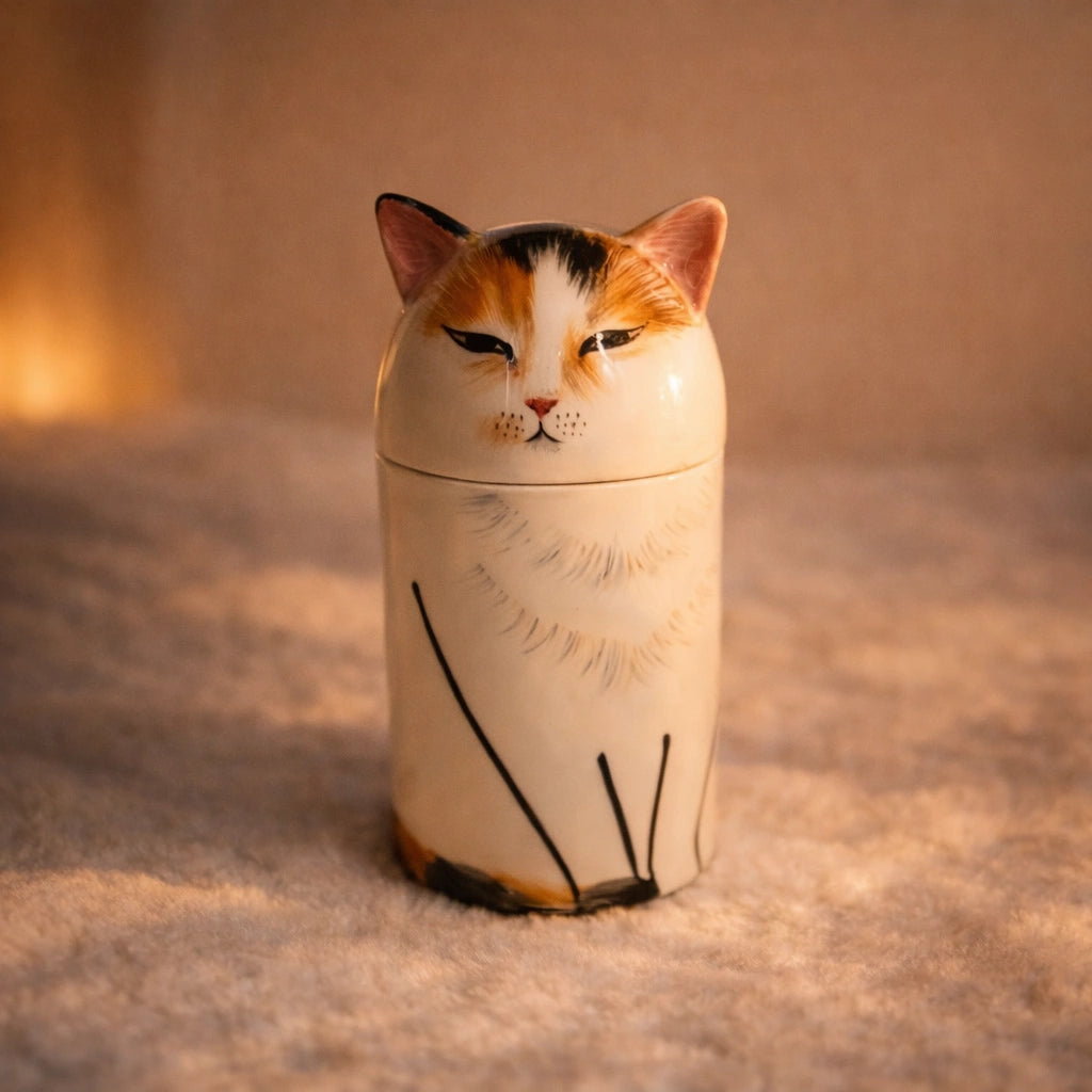 Handmade ceramic cat urn with restrained surface detailing