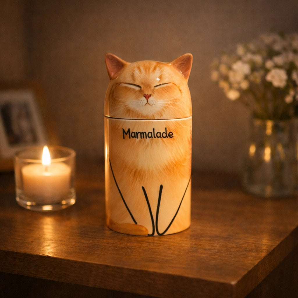 Ceramic cat urn designed for quiet indoor environments