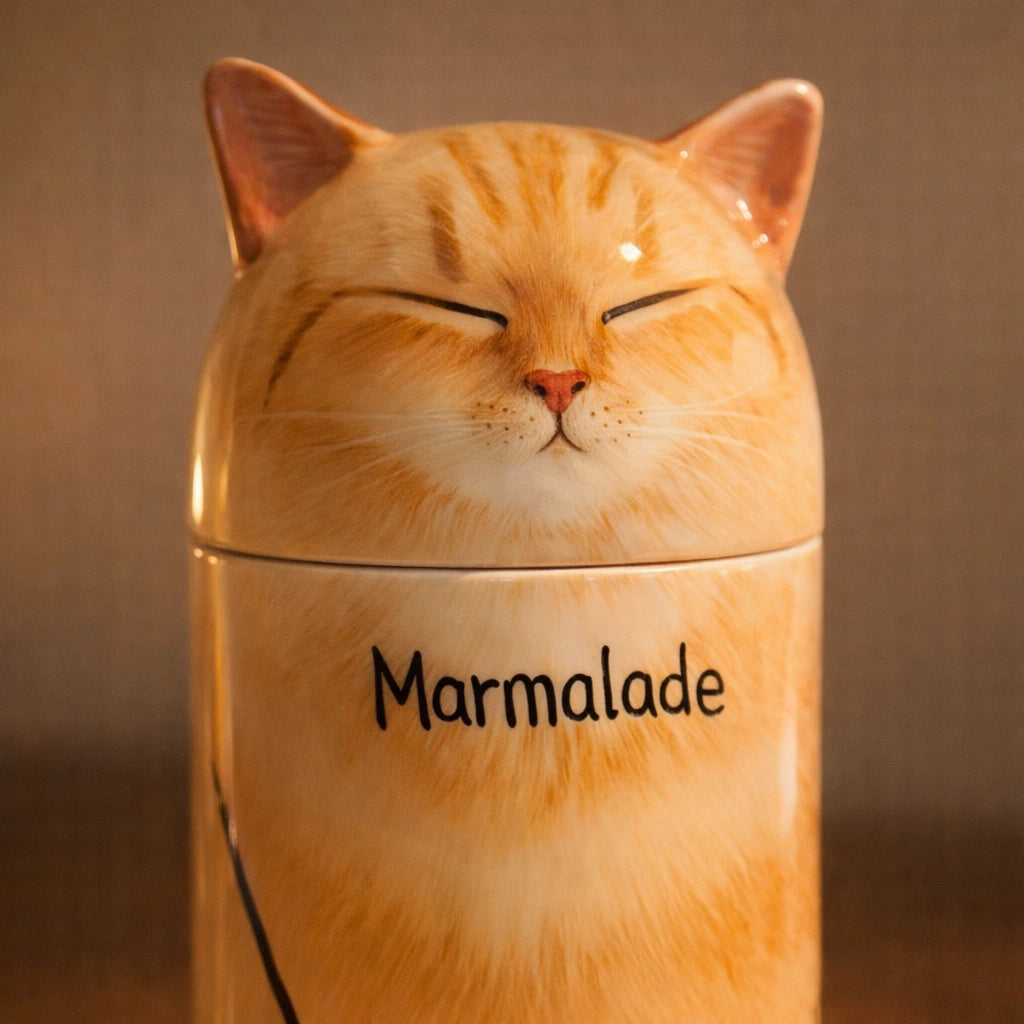 Handmade ceramic cat urn with balanced proportions