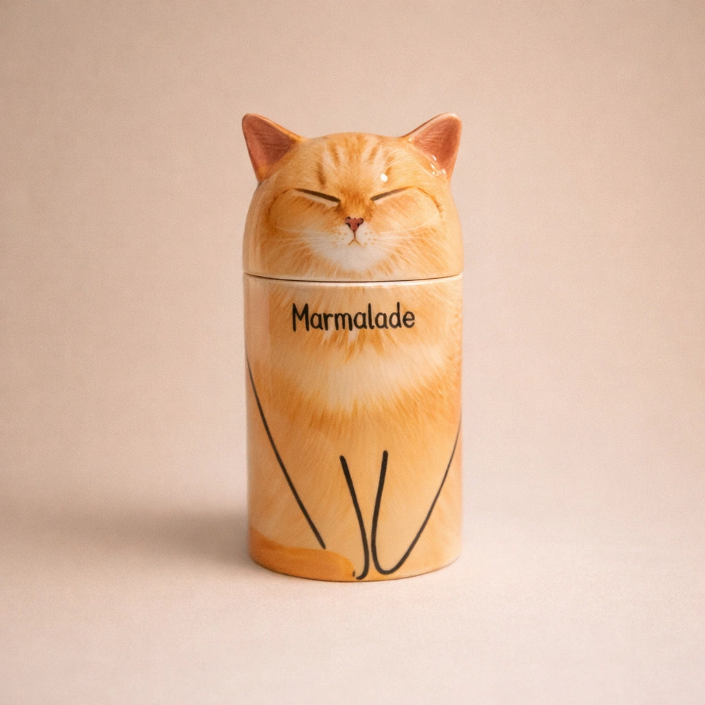 Personalized ceramic cat urn suitable for interior living spaces