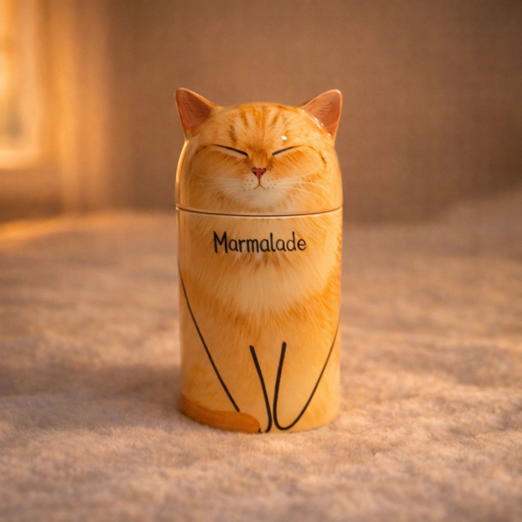 Cat-shaped container labeled 'Marmalade' on a soft surface with a warm glow.