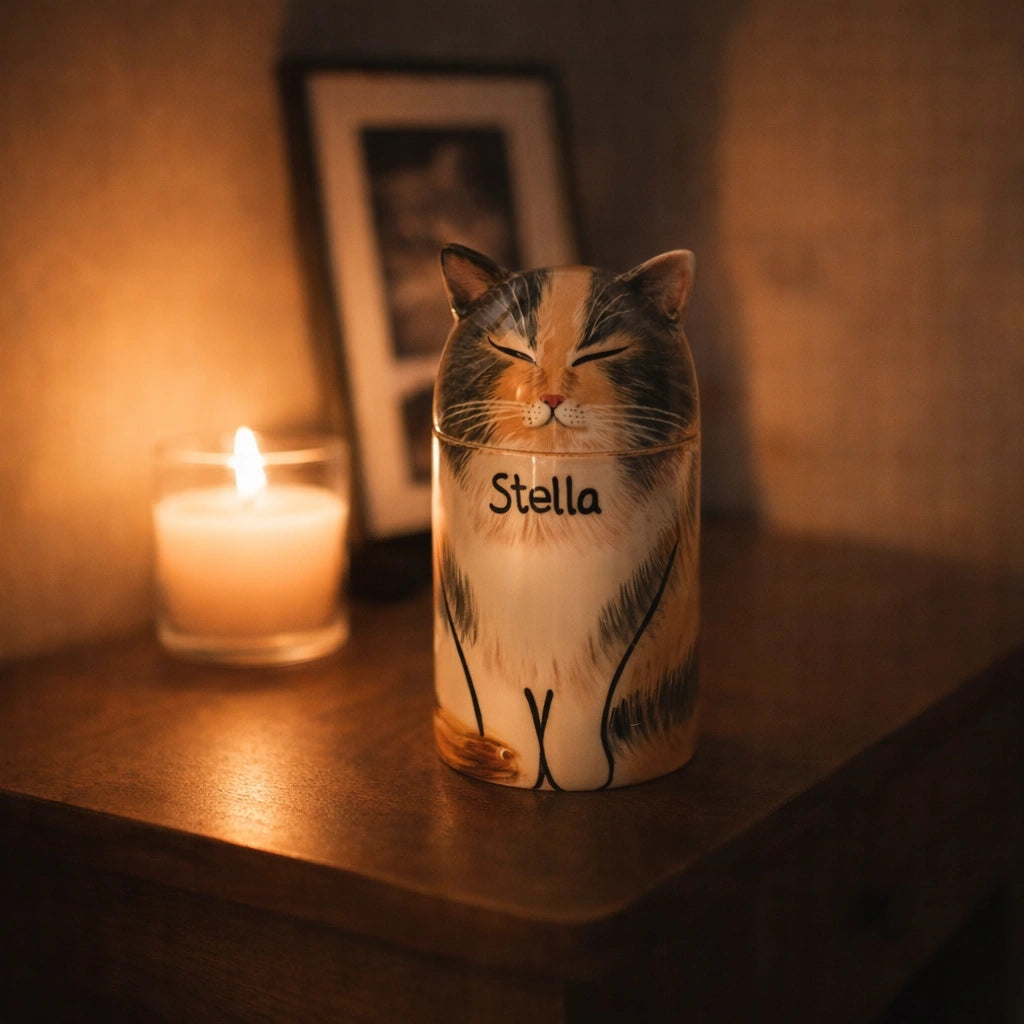 Ceramic cat urn with sculpted calico fur pattern on neutral background