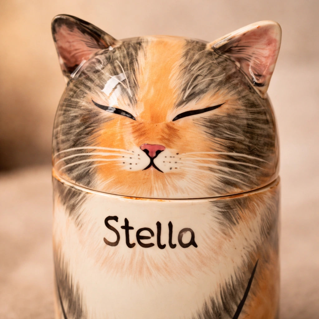 Custom ceramic pet urn for cats with warm calico glaze
