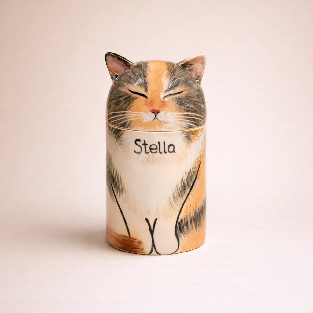 Handmade ceramic cat urn with balanced proportions and soft finish

