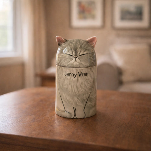 Handmade personalized cat urn with custom name Jenny Wren, ceramic pet memorial for home decor