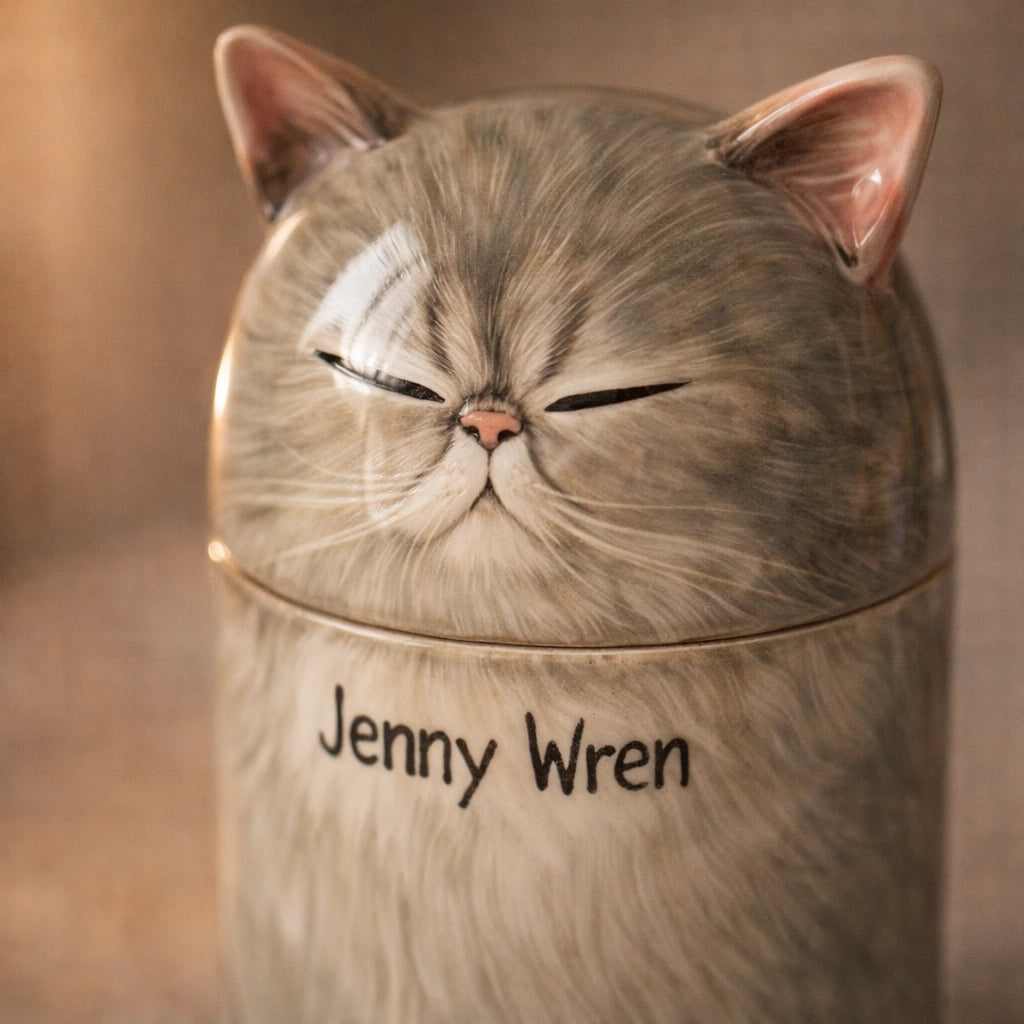 Custom ceramic pet urn for cats with muted gray surface tone