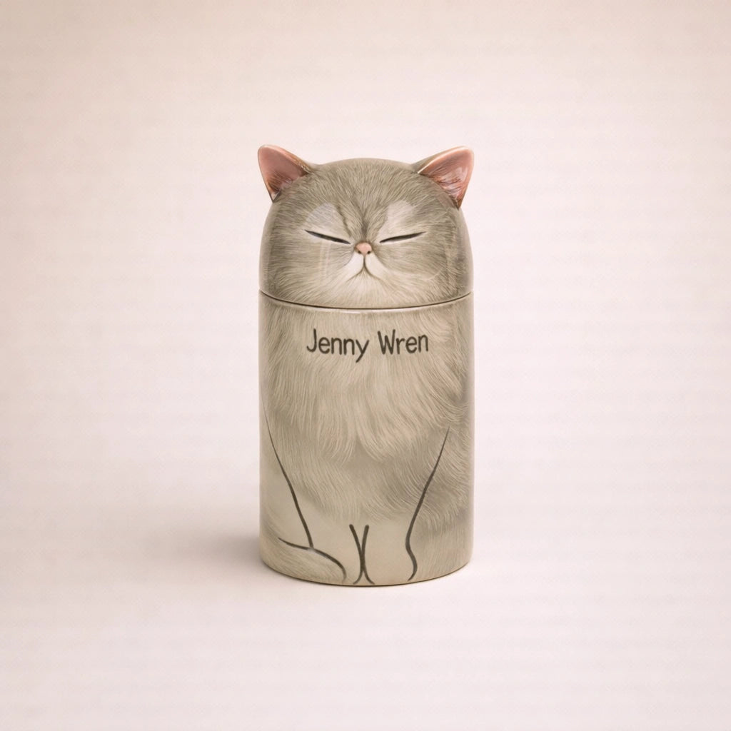Handmade ceramic cat urn with balanced proportions and soft finish