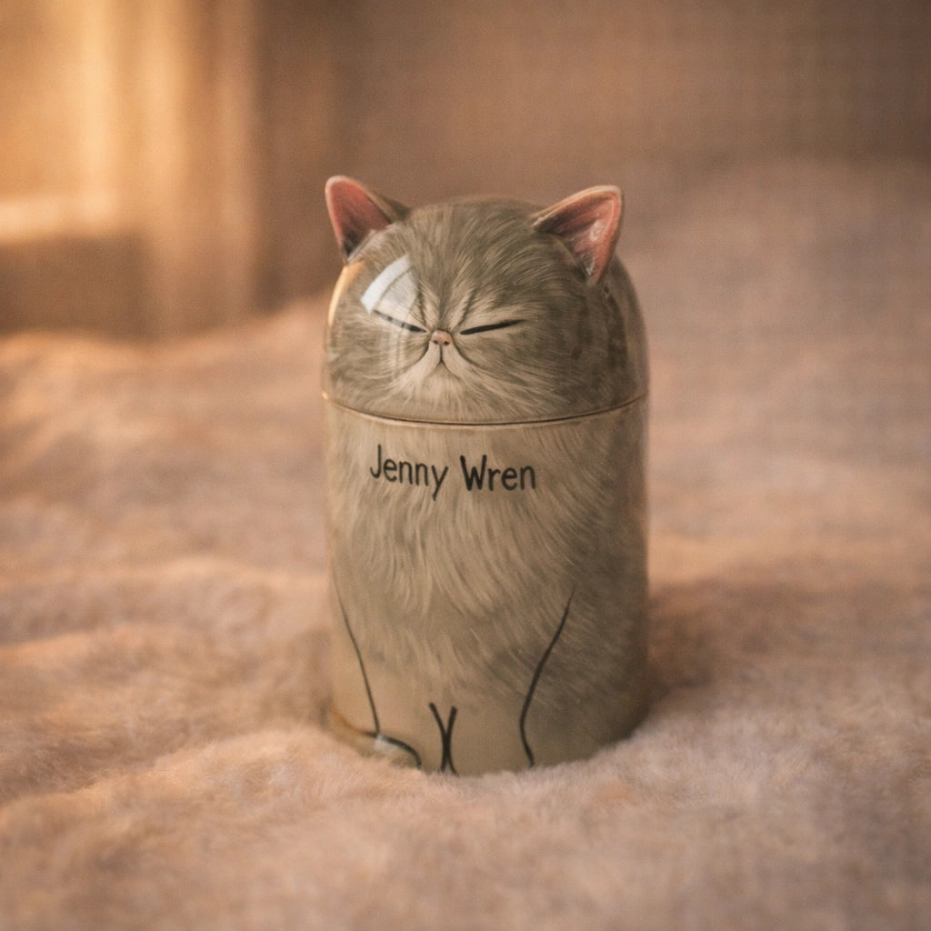 Personalized ceramic cat urn suitable for interior living spaces