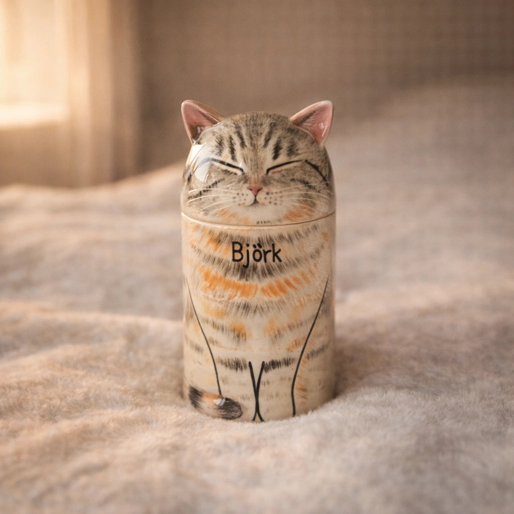 Ceramic cat urn with sculpted tabby fur pattern on neutral background