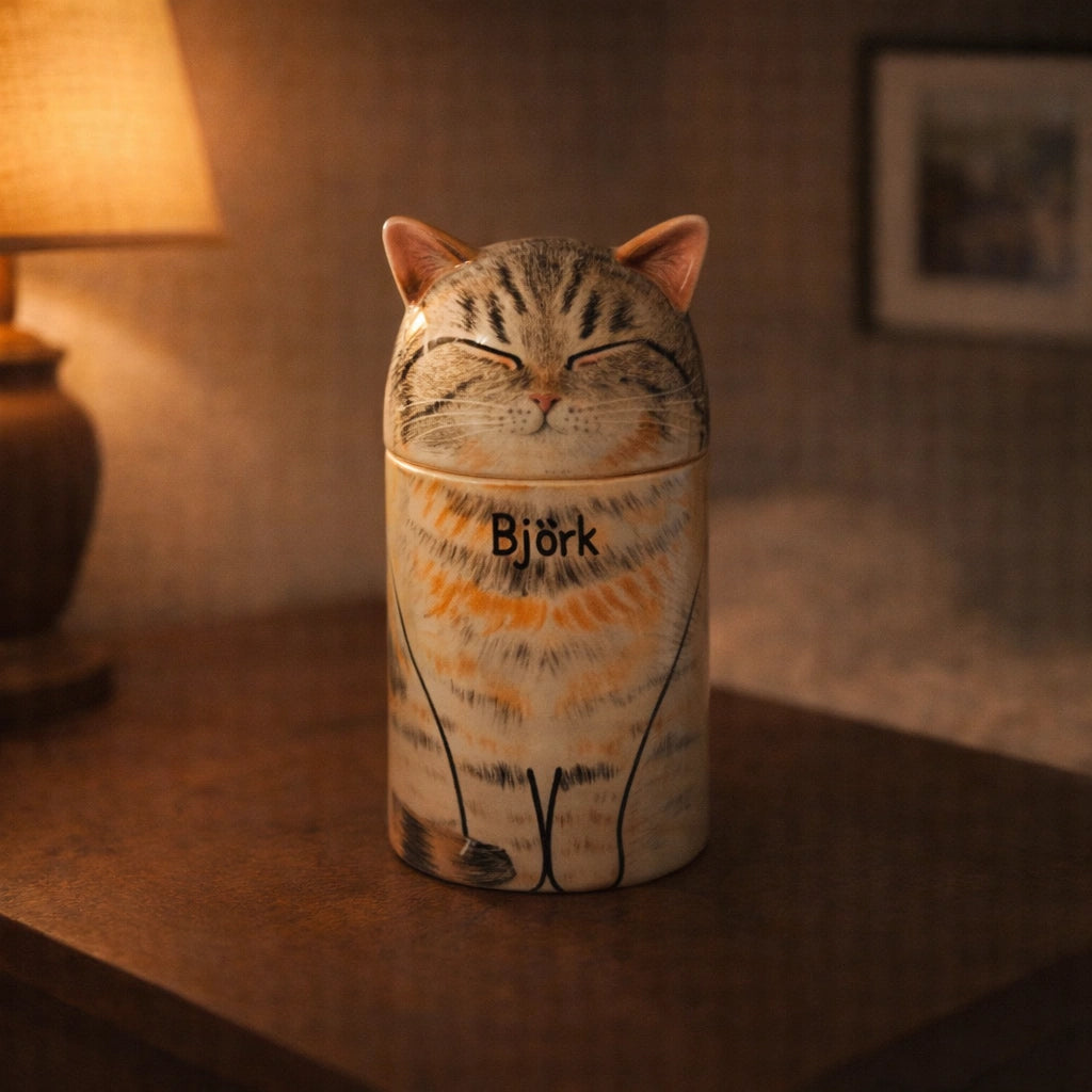 Handcrafted ceramic cat urn designed for discreet home placement