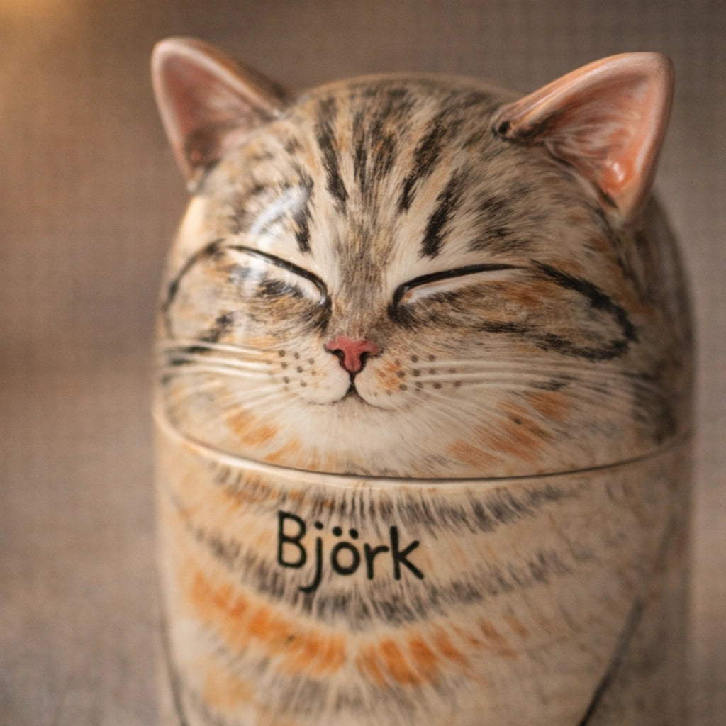 Minimal ceramic cat urn with closed-eye feline sculpted form