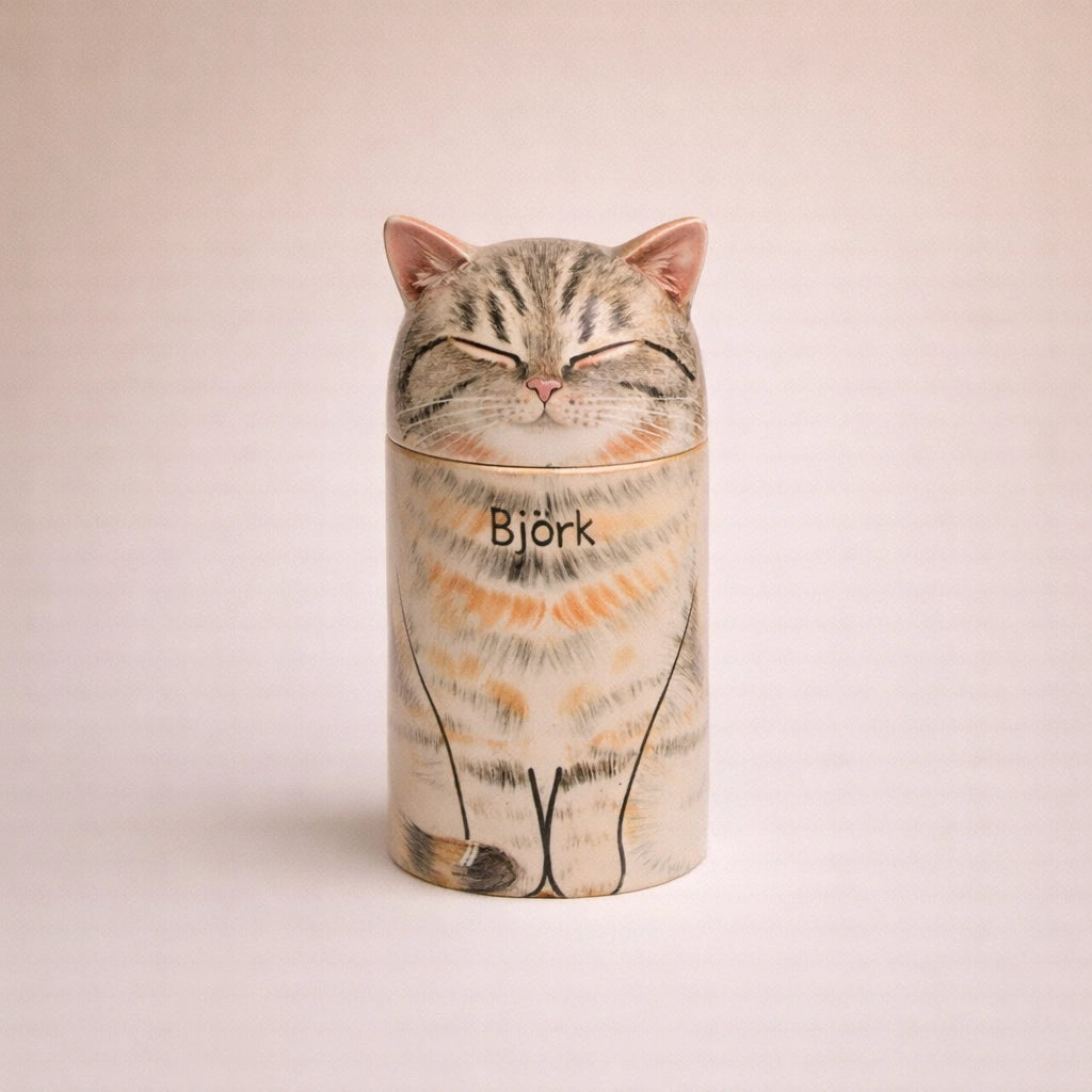 Ceramic cat urn suitable for quiet indoor environments