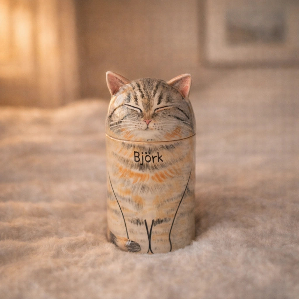 Personalized ceramic cat urn for interior living spaces