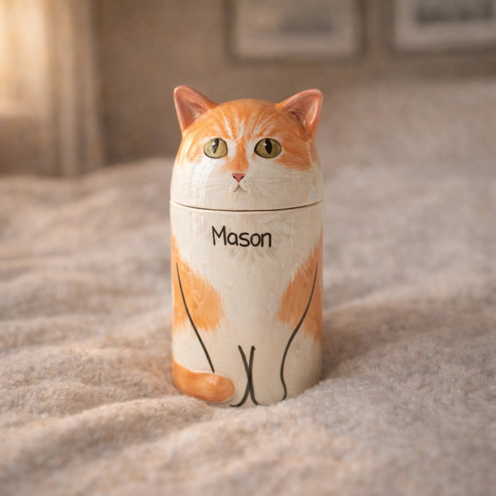 Orange and white ceramic cat urn with sculpted feline face